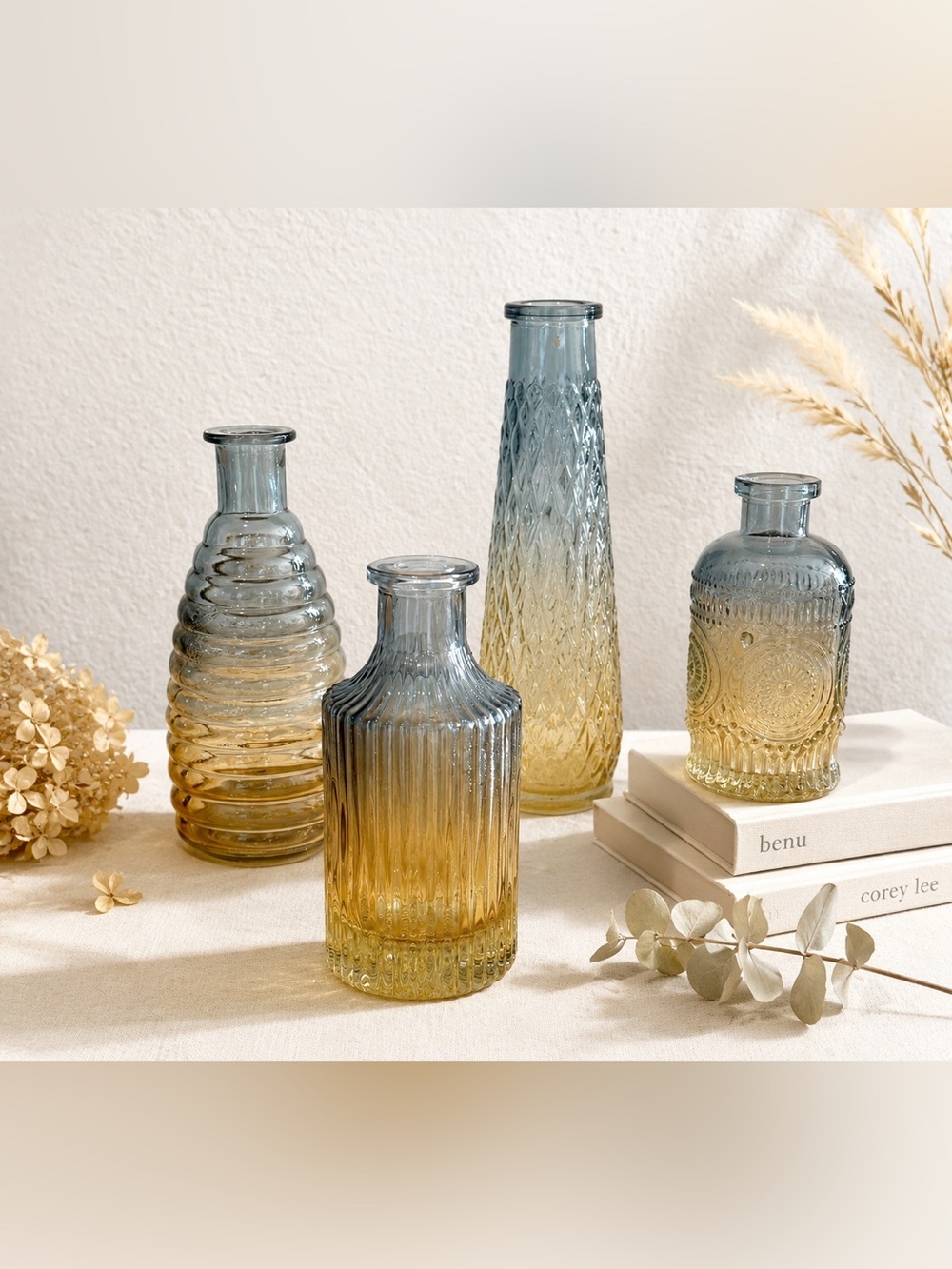 4 Small Ombre Glass Bud Vases - Blue to Amber Set